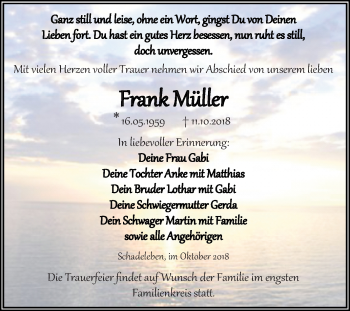 Traueranzeige von Frank Müller von Mitteldeutsche Zeitung Aschersleben