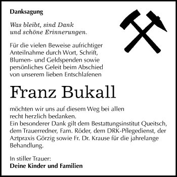 Traueranzeige von Franz Bukall von Mitteldeutsche Zeitung
