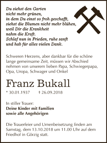 Traueranzeige von Franz Bukall von WVG - Wochenspiegel Dessau / Köthen