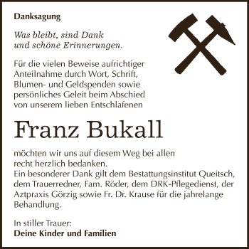 Traueranzeige von Franz Bukall von WVG - Wochenspiegel Dessau / Köthen