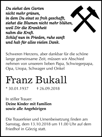 Traueranzeige von Franz Bukall von Mitteldeutsche Zeitung Köthen