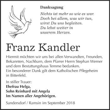 Traueranzeige von Franz Kandler von WVG - Wochenspiegel Bitterfeld