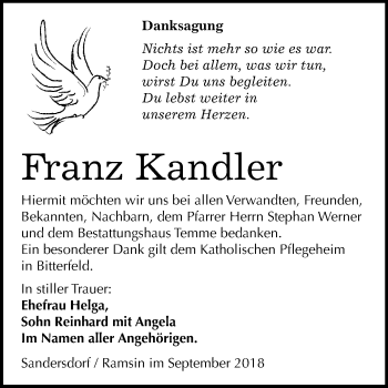 Traueranzeige von Franz Kandler von Mitteldeutsche Zeitung Bitterfeld