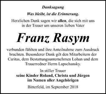 Traueranzeige von Franz Rasym von WVG - Wochenspiegel Bitterfeld