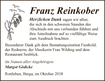 Traueranzeige von Franz Reinkober von Super Sonntag SGH Mansf. Land
