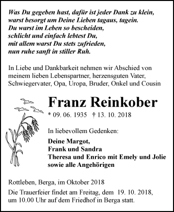 Traueranzeige von Franz Reinkober von Mitteldeutsche Zeitung Sangerhausen