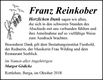 Traueranzeige von Franz Reinkober von Mitteldeutsche Zeitung
