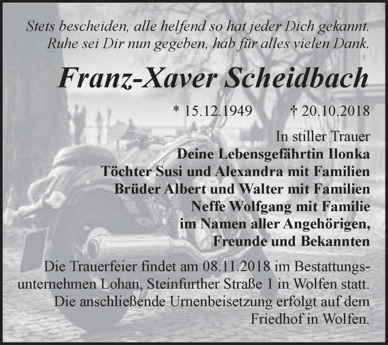  Traueranzeige für Franz-Xaver Scheidbach vom 31.10.2018 aus WVG - Wochenspiegel Bitterfeld