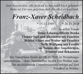 Traueranzeige von Franz-Xaver Scheidbach von WVG - Wochenspiegel Bitterfeld