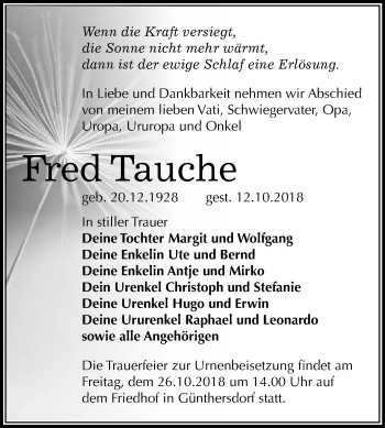 Traueranzeige von Fred Tauche von WVG - Wochenspiegel Merseburg