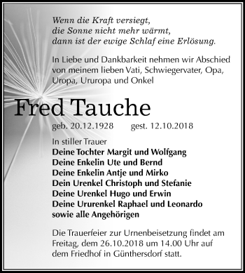 Traueranzeige von Fred Tauche von Mitteldeutsche Zeitung