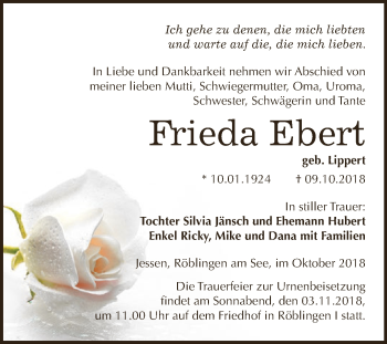 Traueranzeige von Frieda Ebert von Wochenspiegel Mansfelder Land
