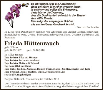 Traueranzeige von Frieda Hüttenrauch von WVG - Wochenspiegel NMB / WSF / ZTZ
