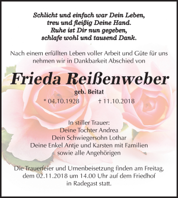 Traueranzeige von Frieda Reißenweber von Mitteldeutsche Zeitung Köthen