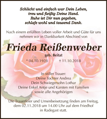 Traueranzeige von Frieda Reißenweber von WVG - Wochenspiegel Dessau / Köthen