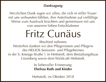 Traueranzeige von Fritz Cunäus von Wochenspiegel Mansfelder Land