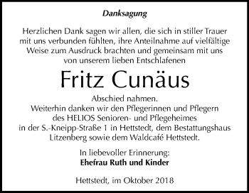 Traueranzeige von Fritz Cunäus von Mitteldeutsche Zeitung