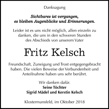 Traueranzeige von Fritz Kelsch von Mitteldeutsche Zeitung