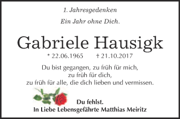 Traueranzeige von Gabriele Hausigk von WVG - Wochenspiegel Bitterfeld