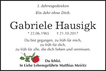Traueranzeige von Gabriele Hausigk von Mitteldeutsche Zeitung Bitterfeld