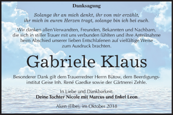 Traueranzeige von Gabriele Klaus von Mitteldeutsche Zeitung Köthen