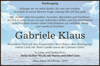 Traueranzeige von Gabriele Klaus von WVG - Wochenspiegel Dessau / Köthen