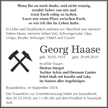 Traueranzeige von Georg Haase von WVG - Wochenspiegel Merseburg