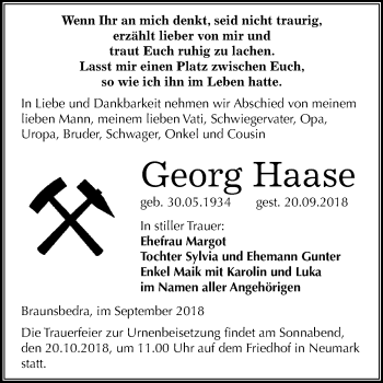Traueranzeige von Georg Haase von Mitteldeutsche Zeitung Merseburg/Querfurt