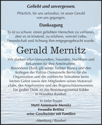 Traueranzeige von Gerald Mernitz von Mitteldeutsche Zeitung Bernburg