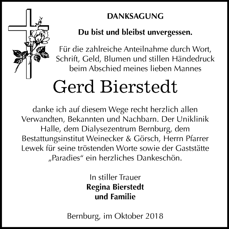  Traueranzeige für Gerd Bierstedt vom 13.10.2018 aus Mitteldeutsche Zeitung Bernburg