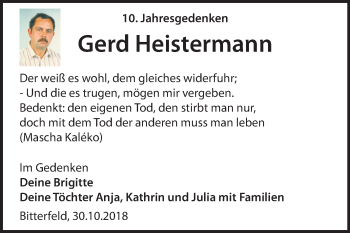 Traueranzeige von Gerd Heistermann von Mitteldeutsche Zeitung Bitterfeld
