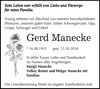 Traueranzeige von Gerd Manecke von Mitteldeutsche Zeitung Aschersleben