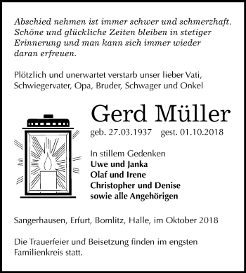 Traueranzeige von Gerd Müller von Mitteldeutsche Zeitung Sangerhausen