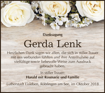 Traueranzeige von Gerda Lenk von Super Sonntag SGH Mansf. Land
