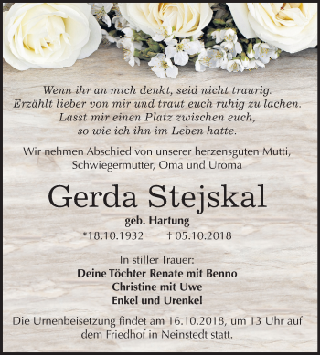 Traueranzeige von Gerda Stejskal von Mitteldeutsche Zeitung Quedlinburg