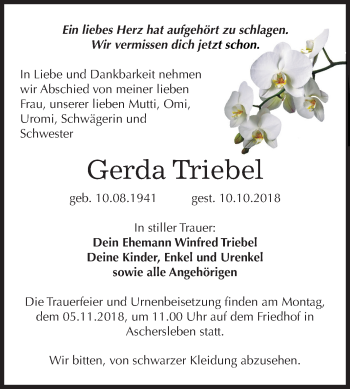 Traueranzeige von Gerda Triebel von Mitteldeutsche Zeitung Aschersleben