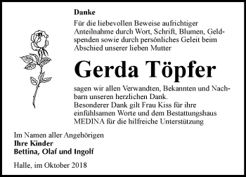 Traueranzeige von Gerda Töpfer von Mitteldeutsche Zeitung Halle/Saalkreis