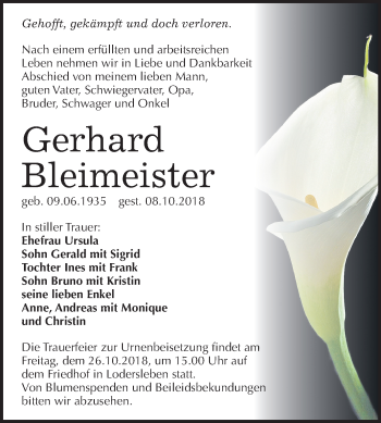 Traueranzeige von Gerhard Bleimeister von Mitteldeutsche Zeitung Merseburg/Querfurt