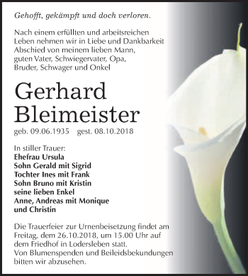 Traueranzeige von Gerhard Bleimeister von WVG - Wochenspiegel Merseburg