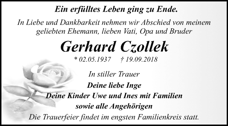  Traueranzeige für Gerhard Czollek vom 02.10.2018 aus Mitteldeutsche Zeitung Dessau-Roßlau