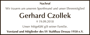 Traueranzeige von Gerhard Czollek von WVG - Wochenspiegel Dessau / Köthen