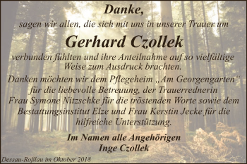 Traueranzeige von Gerhard Czollek von WVG - Wochenspiegel Dessau / Köthen