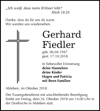 Traueranzeige von Gerhard Fiedler von Mitteldeutsche Zeitung Bernburg