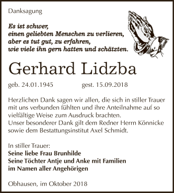 Traueranzeige von Gerhard Lidzba von WVG - Wochenspiegel NMB / WSF / ZTZ