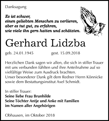 Traueranzeige von Gerhard Lidzba von Mitteldeutsche Zeitung Merseburg/Querfurt