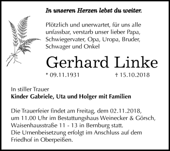 Traueranzeige von Gerhard Linke von Mitteldeutsche Zeitung Bernburg