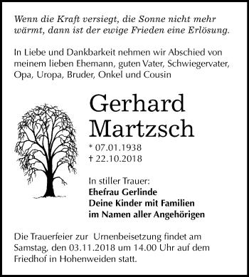 Traueranzeige von Gerhard Martzsch von Mitteldeutsche Zeitung Halle/Saalkreis