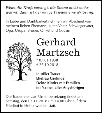 Traueranzeige von Gerhard Martzsch von WVG - Wochenspiegel Merseburg