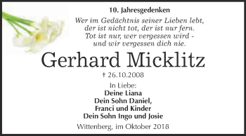 Traueranzeige von Gerhard Micklitz von Super Sonntag Wittenberg