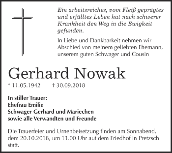 Traueranzeige von Gerhard Nowak von WVG - Wochenspiegel Wittenberg